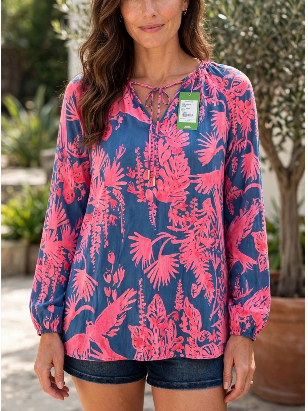 Lilly Pulitzer Pink Floral Tie-Neck Long Sleeve Top on Navy